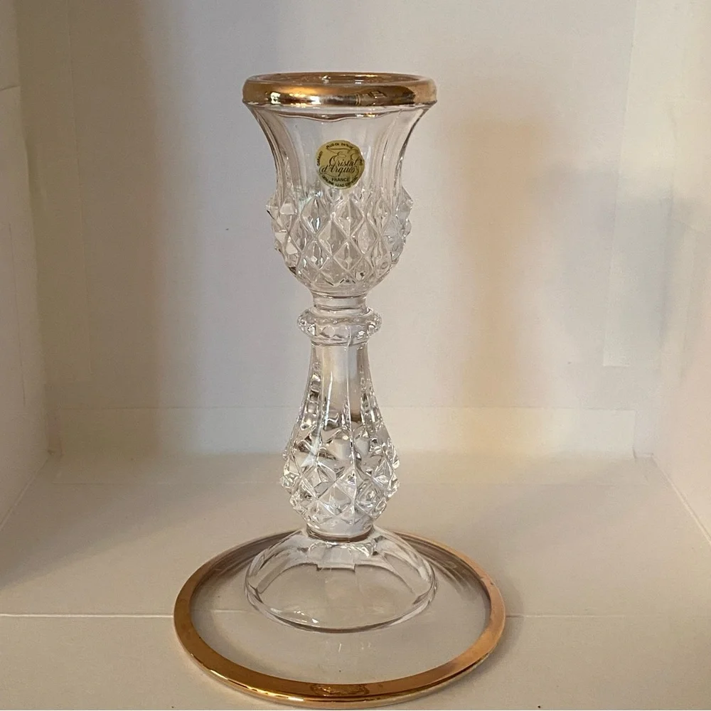 Cristal D’Arque France Cut Crystal Candle Holder W/ Gold Trim 6.5” Elegant EUC